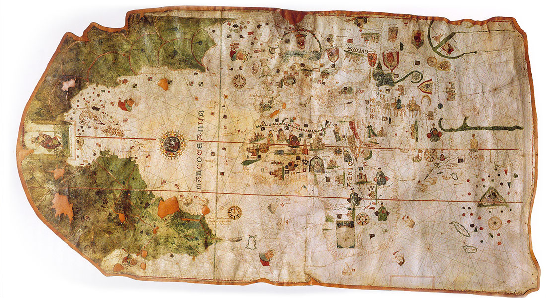 Mappa mundi; map by Cantabrian cartographer and sailor Juan de la Cosa, 1500. De la Cosa was among the crew on Columbus’ first voyage to the Indies. The map is the first to include an undisputed representation of the Americas.